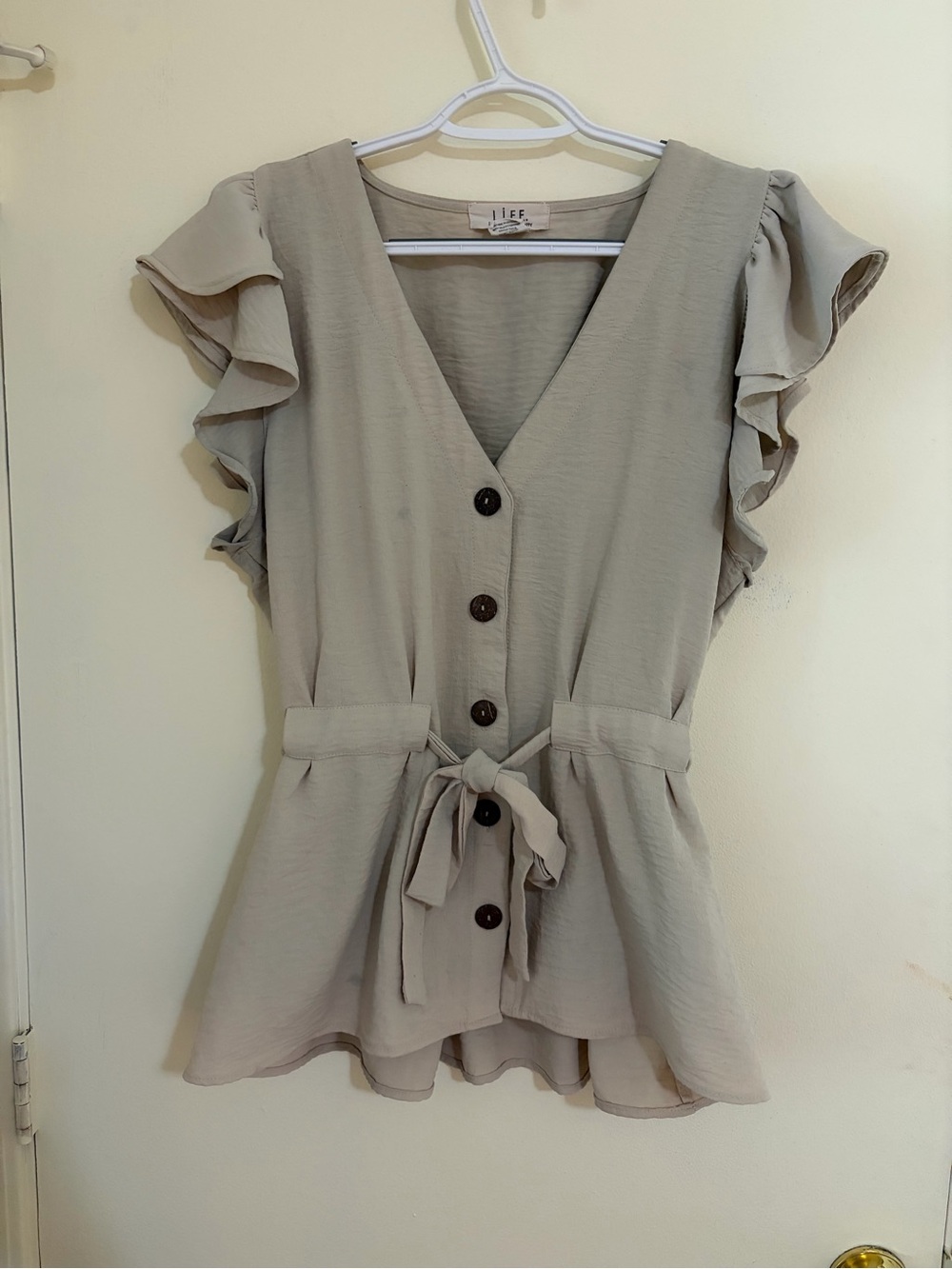 V-Neck Taupe Ruffle Sleeve Button-Front Blouse with Tie Waist